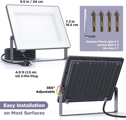100W 12000LM Flood Lights Outdoor, Bright LED Work Light with Plug, 6500K Daylight White LED Flood Lighting, Security Yard Lights, Waterproof for Garage, Yard, Porch 2 Pack