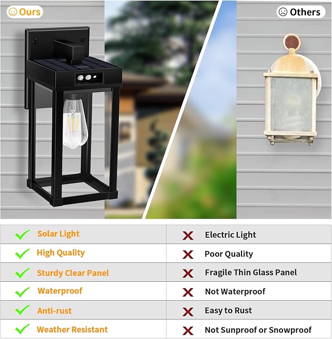 Solar Wall Lights Outdoor with 3 Lighting Modes & Motion Sensor, Solar Porch Light with 2 Bulbs, Waterproof Outdoor Wall Sconce Lantern Light Fixture for Garage Porch Shed Barn Garden Yard Front Door