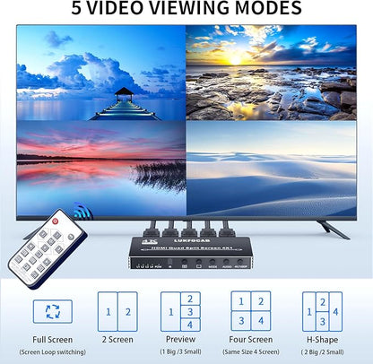 HDMI Multi-Viewer 4X1, Seamless Switcher 4 in 1 Out, Quad Multi Viewer Switcher with IR Remote, Supports 4K 30Hz, 5 Display Modes for Security Camera, Gaming Consoles
