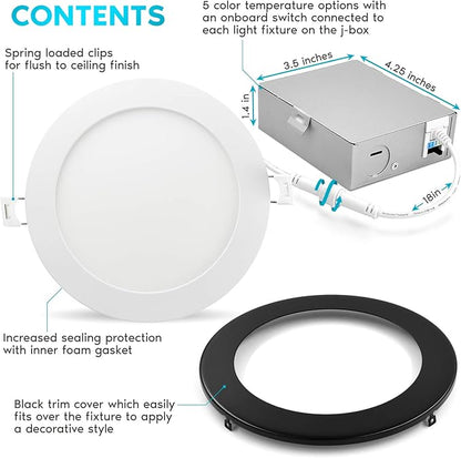 LUXRITE 6 Inch Ultra Thin LED Recessed Light with J-Box, 12W, 5 Color Options 2700K | 3000K | 3500K | 4000K | 5000K, Dimmable Wafer Light, 1000 Lumens, Black Trim, Energy Star, IC Rated (4 Pack)
