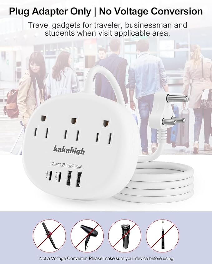 India to US Plug Adapter, India Extension Cord 3FT