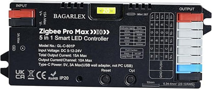 Pro Max ZigBee 3.0 LED Controller 5 in 1, Hub APP/Alexa Voice Control RGBWW RGBW RGB CCT COB LED Light Strip Color Changing,1%~100% Dimmable,Require ZigBee Hub Bridge