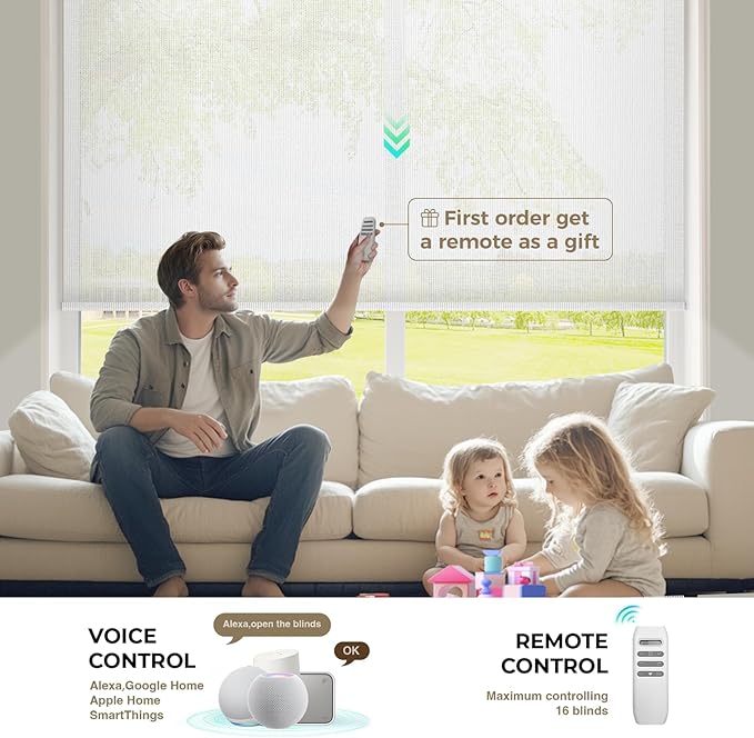 HeyBlinds Motorized Blinds with Remote, Smart Roller Shades with App & Voice Control, Work with Alexa Google HomeKit, Light Filtering Custom Shades for Living Room Office (Sunbeam-Perla White LF)