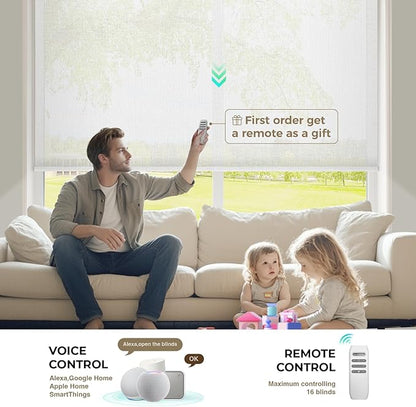 HeyBlinds Motorized Blinds with Remote, Smart Roller Shades with App & Voice Control, Work with Alexa Google HomeKit, Light Filtering Custom Shades for Living Room Office (Sunbeam-Perla White LF)