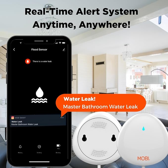 MOBI Smart WiFi Water Leak Detector, App Alerts, Flood Sensor Alarm with 48” Extension Probe, No Hub Required, 24/7 Monitoring for Basement, Kitchen, Bathroom