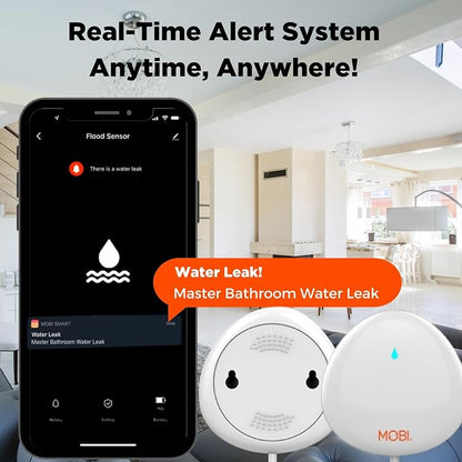 MOBI Smart WiFi Water Leak Detector, App Alerts, Flood Sensor Alarm with 48” Extension Probe, No Hub Required, 24/7 Monitoring for Basement, Kitchen, Bathroom