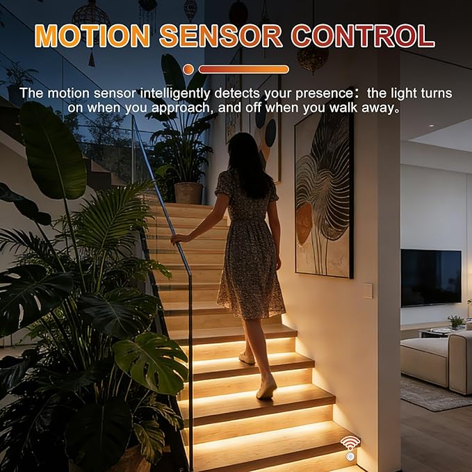 Smart Motion Sensor Staircase LED Strip Lights Kit, Intelligent 16-Step Light Controlled by APP & Remote(Not Include Battery) with 3000K Strips, Ideal for Indoor Stair Light Hallways & Stairs