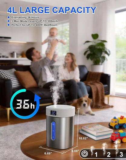 Humidifiers for Bedroom Large Room Baby, 4L Ultrasonic Cool Mist Humidifier, 304 Stainless Steel humidifiers, Auto Humidity Control, Humidity Display, Night Light, Quiet,Timer,Aromatherapy