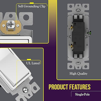 Enerlites Light Switch On/Off Paddle Wall Switch 91150-W | 15 Amp, 120V/277V, AC, Single Pole, 3 Wire, Grounding Screw, Residential and Commercial Graded Light Switch, UL Listed | White - 20 Pack