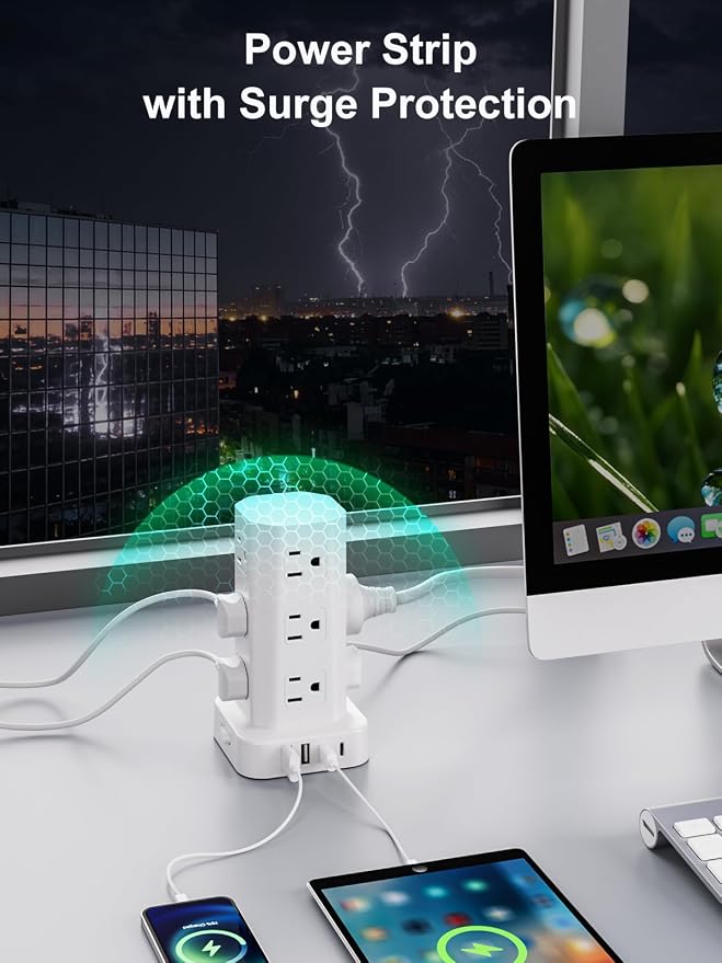 Power Strip Tower Surge Protector, 6FT Flat Plug Extension Cord with Multiple Outlets, 12 AC Outlets 4 USB (2 USB C), Desktop Charging Station with Surge Protection for Home Office Dorm Room, White