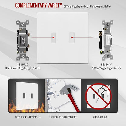 ENERLITES Screwless Double Toggle Switch Wall Plate, Child Safe Dual Light Switch Cover, Standard Size 2-Gang 4.68" x 4.73", Unbreakable Polycarbonate Thermoplastic, UL Listed, SI8812-W, Glossy, White