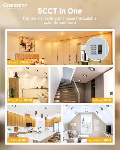 Ensenior 6 Pack 4 inch 5CCT LED Gimbal Led Recessed Light with Junction Box, 360°+90° Adjustable Directional Lighting, Dimmable, CRI90+, 2700K/3000K/3500K/4000K/5000K, 900LM, 10W=85W-ETL&FCC, Black