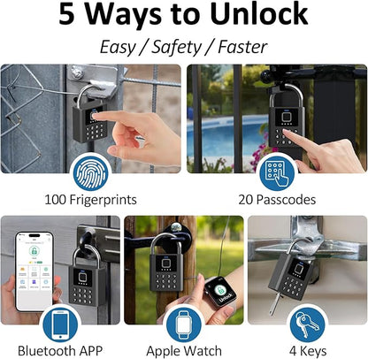 Heavy Duty Smart Padlock with Key, Fingerprint Biometric Combo Lock with Bluetooth APP, Waterproof Electronic Digital Lock for Gate Outdoor Fence Storage Unit Outdoor Fence Shed Gym
