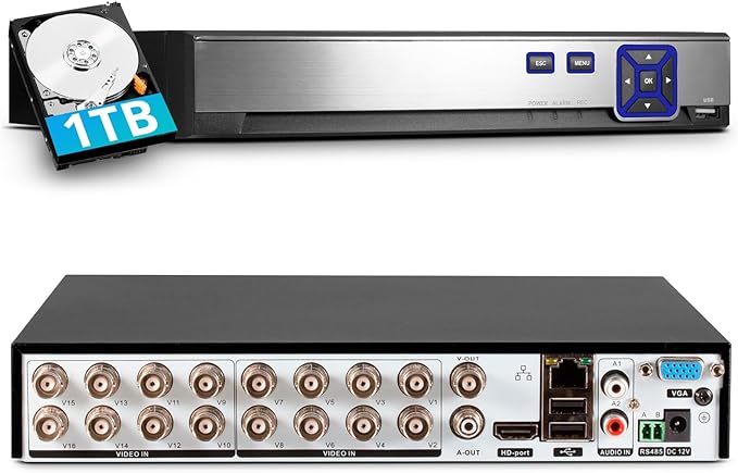 TOWODE 16 Channel Security Recorder DVR Supports 5MP Hybrid 5-in-1 AHD/TVI/CVI/CVBS/XVI Analog Camera DVR with Human Detection, Remote Access 24/7 Recording(Pre-Installed 1TB Hard Drive)
