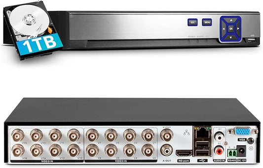 TOWODE 16 Channel Security Recorder DVR Supports 5MP Hybrid 5-in-1 AHD/TVI/CVI/CVBS/XVI Analog Camera DVR with Human Detection, Remote Access 24/7 Recording(Pre-Installed 1TB Hard Drive)
