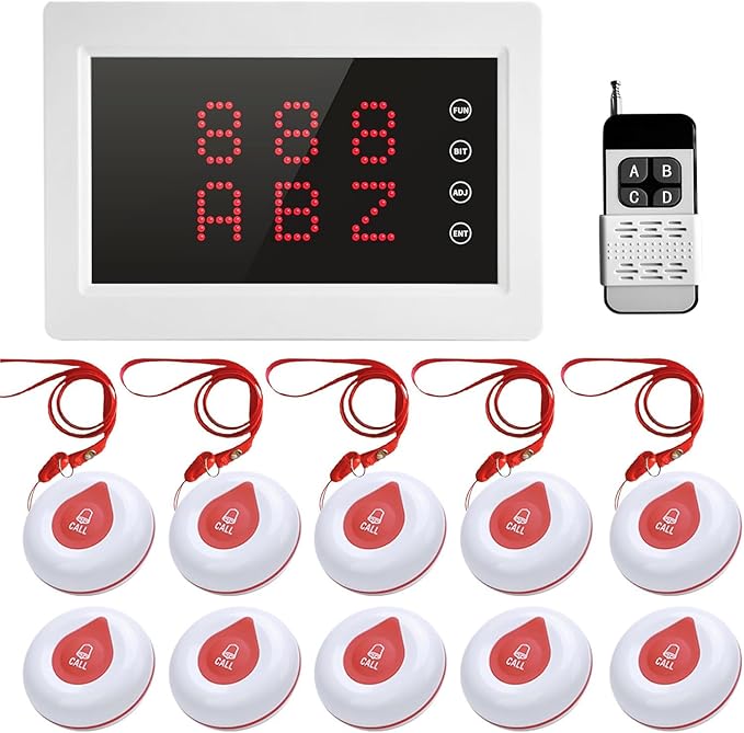 Wireless Calling System Caregiver Pager System 1200+ ft with 1 Display Receiver/Wireless Remote Control /10 Waterproof Call Buttons for Nursing Home Clinic Caregiver