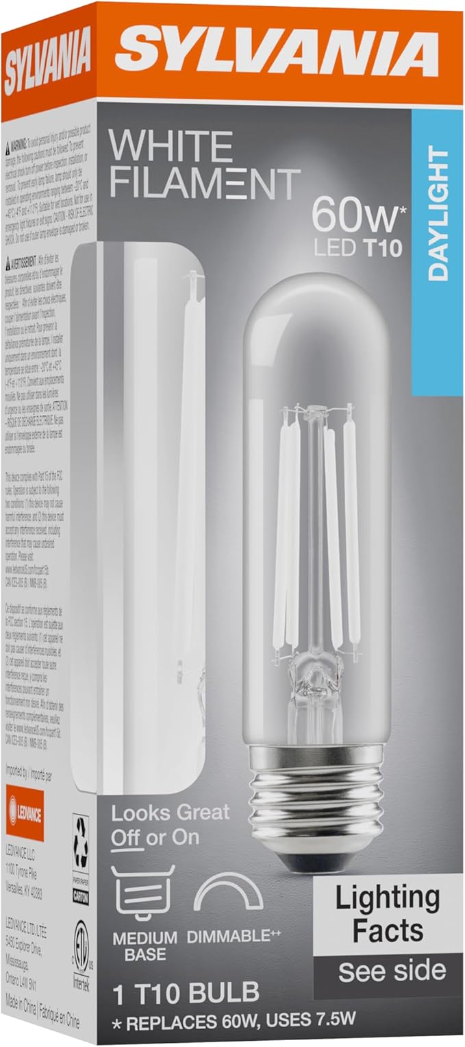 Sylvania T10 Clear LED White Filament Bulb, 7.5W, Dimmable, 800 LMS, Medium Base, 5000K, Daylight - 1 Pack (42265)
