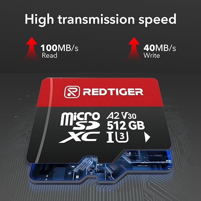 REDTIGER High Speed Micro SD Card with Adapter, 512GB microSDXC UHS-I Class 10, U3, V30 A2, Support for Dash Cameras and Recording 4K Video Recording, Compatible with F7NP&F7NT&F17&VP20&F17PLUS