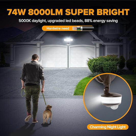 LUTEC 2 Pack 74W 8000 Lumen Motion Sensor Outdoor Lights, 5000K Daylight, IP65 Waterproof Flood Lights Outdoor with Night Light, Dusk to Dawn Motion Detector LED Security Light for Garage, Yard-Brown