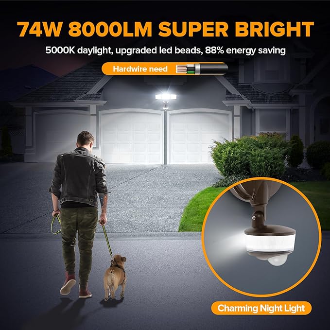 LUTEC 74W 8000 Lumen Motion Sensor Outdoor Lights, 5000K Daylight, IP65 Waterproof Flood Lights Outdoor with Night Light, Dusk to Dawn Motion Detector Security Lights for Outside Garage, Yard-Brown