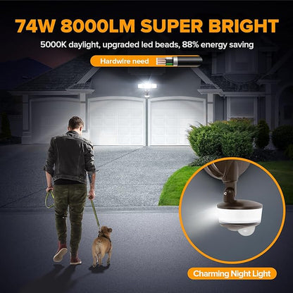 LUTEC 74W 8000 Lumen Motion Sensor Outdoor Lights, 5000K Daylight, IP65 Waterproof Flood Lights Outdoor with Night Light, Dusk to Dawn Motion Detector Security Lights for Outside Garage, Yard-Brown