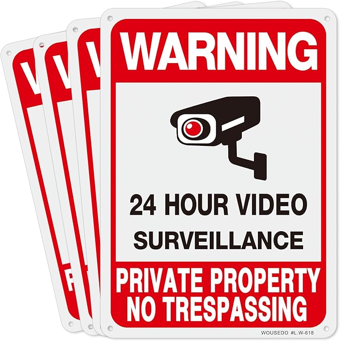 WOUSEDO 4-Pack Private Property No Trespassing Sign,Video Surveillance Signs Outdoor,Rust Free Aluminum 10 x7 Inches Security Camera Sign for Home,Business,CCTV,UV Protected & Waterproof