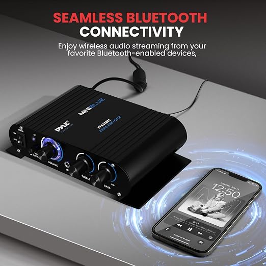 Pyle Wireless Bluetooth Home Audio Amplifier - 90W Dual Channel Mini Portable Power Stereo Sound Receiver w/ Speaker Selector, RCA, AUX, LED, 12V Adapter - For Smartphone PA, Studio Use - PFA330BT