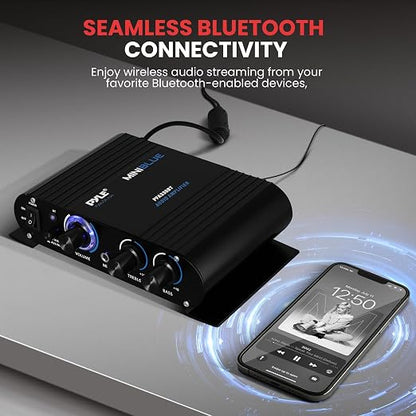 Pyle Wireless Bluetooth Home Audio Amplifier - 90W Dual Channel Mini Portable Power Stereo Sound Receiver w/ Speaker Selector, RCA, AUX, LED, 12V Adapter - For Smartphone PA, Studio Use - PFA330BT