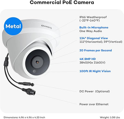 ONWOTE 16 Channel 4K PoE Security Camera System, 12MP 16CH Commercial NVR 4TB, 16x 8MP 134° Outdoor IP Cameras with Audio, AI Detect Human Vehicle, 16x Cables (Total 1280ft), Wired CCTV for Business