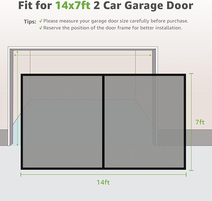 Garage Door Screen - 2 Car 14x7Ft Magnetic Closure Heavy Duty Weighted Bottom Screen Self Sealing Fiberglass Mesh Retractable Net - Easy Assembly & Pass-Through(Black)