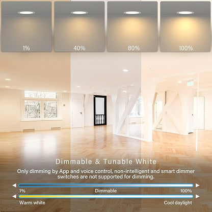 4 Inch LED Smart Slim Recessed Pot Light, WiFi APP & Voice Control, 120V, 9W, 600LM, RGB + 2700K-6000K, ETL & FCC & IC Rated, Wet Location, Compatible with Alexa/Google Home, White - 12 Packs