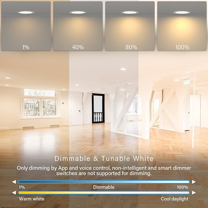 6 Inch LED Smart Slim Recessed Pot Light, WiFi APP& Voice Control, 120V, 13W, 1000LM, RGB + 2700K-6000K, ETL& FCC & IC Rated, Wet Location, Compatible With Alexa/Google Home, White - 12 Packs