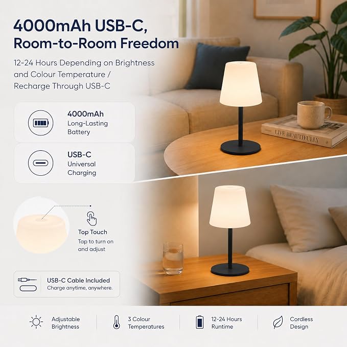 IP65 Waterproof Shower Lamp, Cordless Rechargeable Table Lamp, Black | 4000mAh Battery Operated Lamp, Spa-Like Glow for Showers, Vanity, Bedside and Patios; 3 Color Temperatures, Touch Dimming