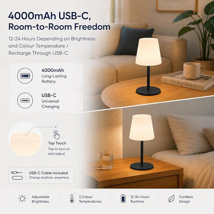 IP65 Waterproof Shower Lamp, Cordless Rechargeable Table Lamp, Black | 4000mAh Battery Operated Lamp, Spa-Like Glow for Showers, Vanity, Bedside and Patios; 3 Color Temperatures, Touch Dimming