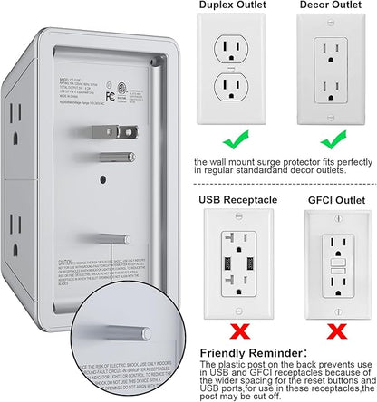 Multi Plug Outlet Surge Protector, Lvetek Outlet Extender with 5 Outlet and 4 USB Ports(2 USB C), 3-Sided Multiple-Plug Outlet Splitter Wall Charger for Home Travel Office,ETL Listed,Grey