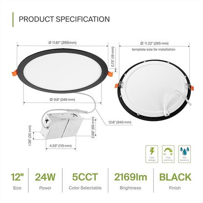 ASD 4 Pack 11/12 Inch LED Recessed Lighting 24W, 5 CCT 2700K-5000K CRI90+, IC Rated Ultra Thin Dimmable Ceiling Lights with J Box, Canless Wafer Downlight, Round Slim Panel Light, UL Listed, Black
