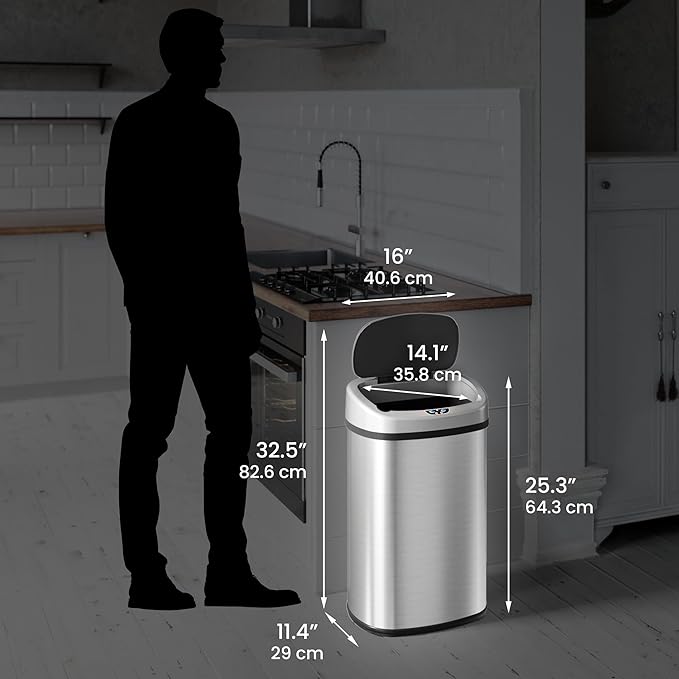 SensorCan 50 Liter / 13 Gallon Kitchen Trash Can with AC Adapter & Odor Filter Kit – Motion Sensor Stainless Steel Garbage Bin for Home, Office, Garage – Slim Oval Shape, Large Capacity Design