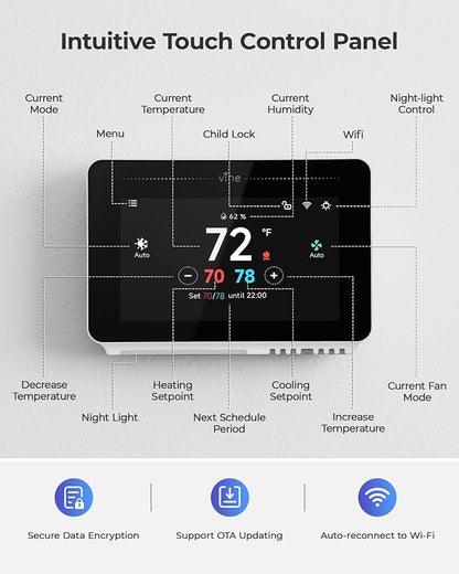 Vine Smart Thermostat for House with Nightlight, 4.3 Inches WiFi Thermostats for Home Compatible with Alexa and Google Assistant, 7day x 8period Programmable, C-Wire Required