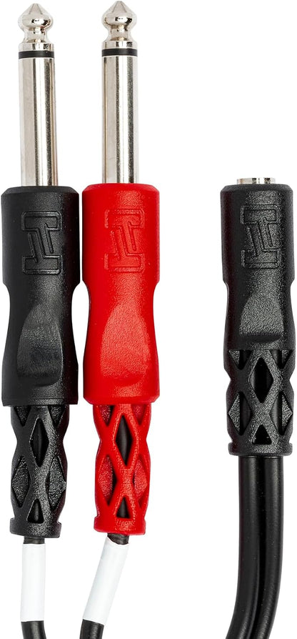 Hosa YMP-434 3.5 mm TRSF to Dual 1/4 Inch TS Stereo Breakout Cable | Audio signal routing and splitting with 6-inch length, 3.5mm female socket and dual 1/4-inch male plugs