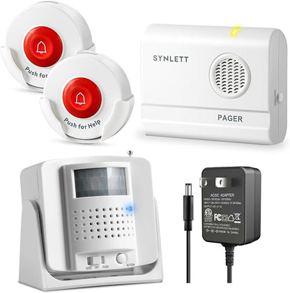Caregiver Pager 2 Call Buttons, 1 Motion Sensor for Elderly Monitoring Fall Prevention, with an AC Adapter for the Motion Sensor