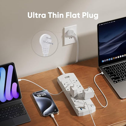 Surge Protector Power Strip, Yozisital Flat Plug Extension Cord with 8 AC Outlets & 4 USB Ports (2 USB-C), 5 FT Power Cord, 1200 Joules, Wall Mount, Desk Charging Station for Home Office, White