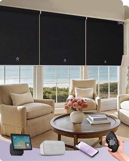 Graywind Smart Coupled Roller Shades Compatible with Alexa Google Custom Size Extra Large Motorized Blinds for Windows(Black)