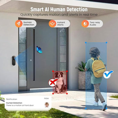 GridTera 1080p Wireless Video Doorbell Camera, AI Human Detection, Live View, Night Vision, Cloud Storage, 2.4G WiFi, Battery Powered, Indoor Outdoor Surveillance (Comes with Doorbell Receiver)
