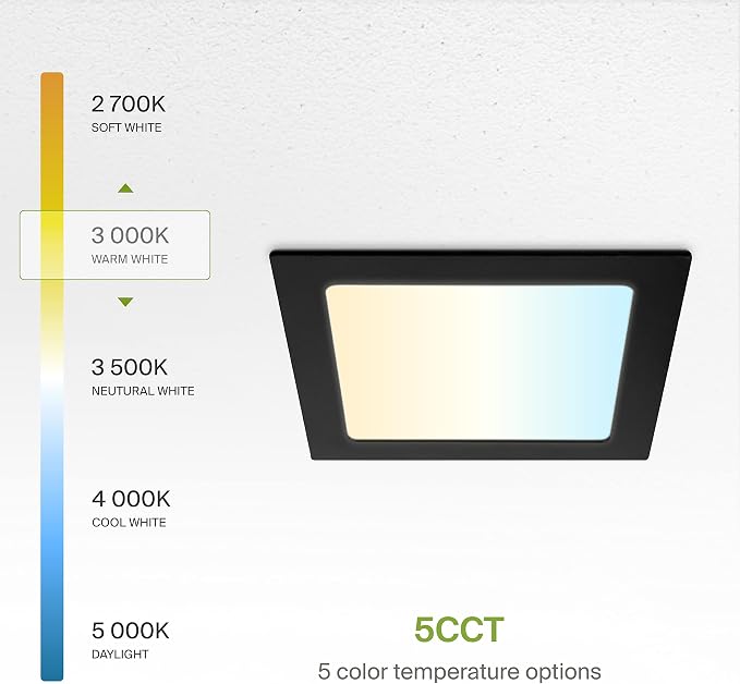 ASD 12 Pack LED Square Recessed Lighting 6 Inch, 5 CCT 2700K-5000K CRI90+, 15W 60W Eqv, Ultra Thin Dimmable Ceiling Lights with J Box, Canless Wafer Downlight, Slim Panel Light, UL Energy Star, Black