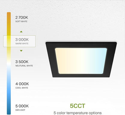 ASD 12 Pack LED Square Recessed Lighting 6 Inch, 5 CCT 2700K-5000K CRI90+, 15W 60W Eqv, Ultra Thin Dimmable Ceiling Lights with J Box, Canless Wafer Downlight, Slim Panel Light, UL Energy Star, Black