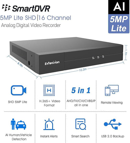 5MP Lite 16 Channel Security Digital Video Recorder Advanced CCTV DVR for Security Camera,AHD/TVI/CVI/CVBS/IPC 5 in 1 Hybrid,Remote Access,Smart Detection,No Monthly Fee(No Hard Drive)