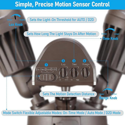 LEONLITE COB LED Security Light, Motion Sensor Outdoor Lights, Dusk to Dawn, 100-277V, ETL Listed, Adjustable Heads, Motion Detector Flood Light, Aluminum, IP65 Waterproof, 5000K Daylight, Bronze