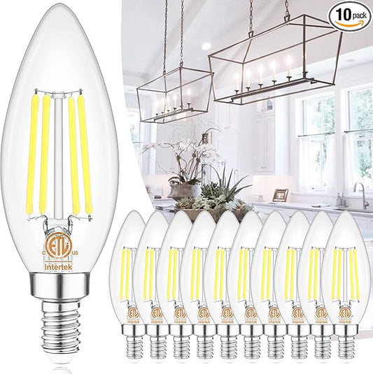 comzler 10 Pack Dimmable E12 Candelabra Bulb 40 Watt Equivalent, 5000K Bright Daylight led Chandelier Light Bulbs, E12 Small Base 4W 120V Flimament Candle Shape Chandelier Light Bulb CRI85+ 400 Lumen