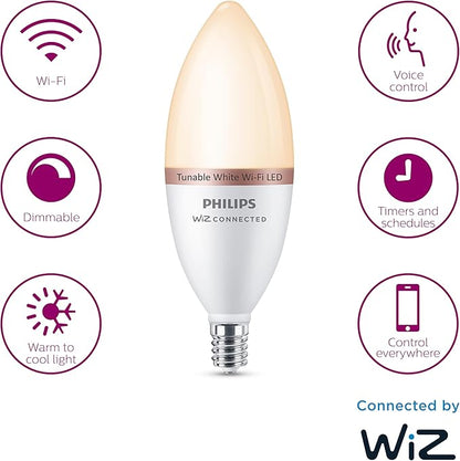 Philips Smart 40W B12 Tunable White Smart Candle-shape 4-Pack, E12, Dimmable, Indoor, Connect to Wi-Fi, Control Voice or App - Powered by WiZ Connected
