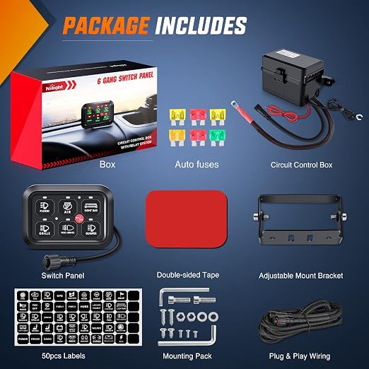 Nilight 6 Gang Switch Panel System Integrated Circuit Control w/Relay Fuse | 12V DC DIY Label Stickers Dimmable Button w/Wiring Harness for LED Light Bar Rock Rear Lights Cars Trucks RV Boats